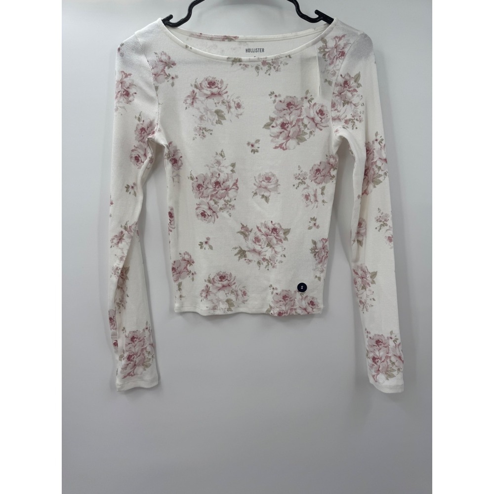 Hollister Womens Ribbed Floral Long Sleeve Scoop Neck Top White Pink Rose Small